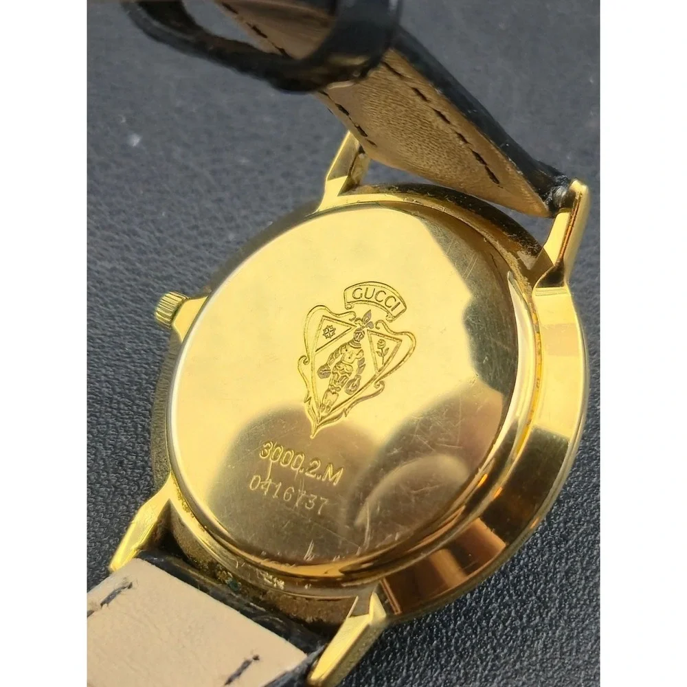 Vintage 3000.2.M Gucci Watch Gold Plated Green Red Sherry Line‎ Dial Roman Bezel